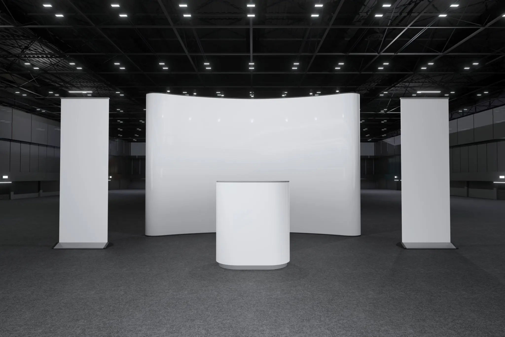 Empty exhibition booth setup in large hall